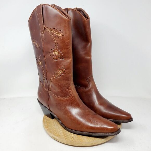Matisse Boots Womens 9.5 Tall Brown‎ Leather Tooled Flower Western Boho Shoes - Picture 3 of 12